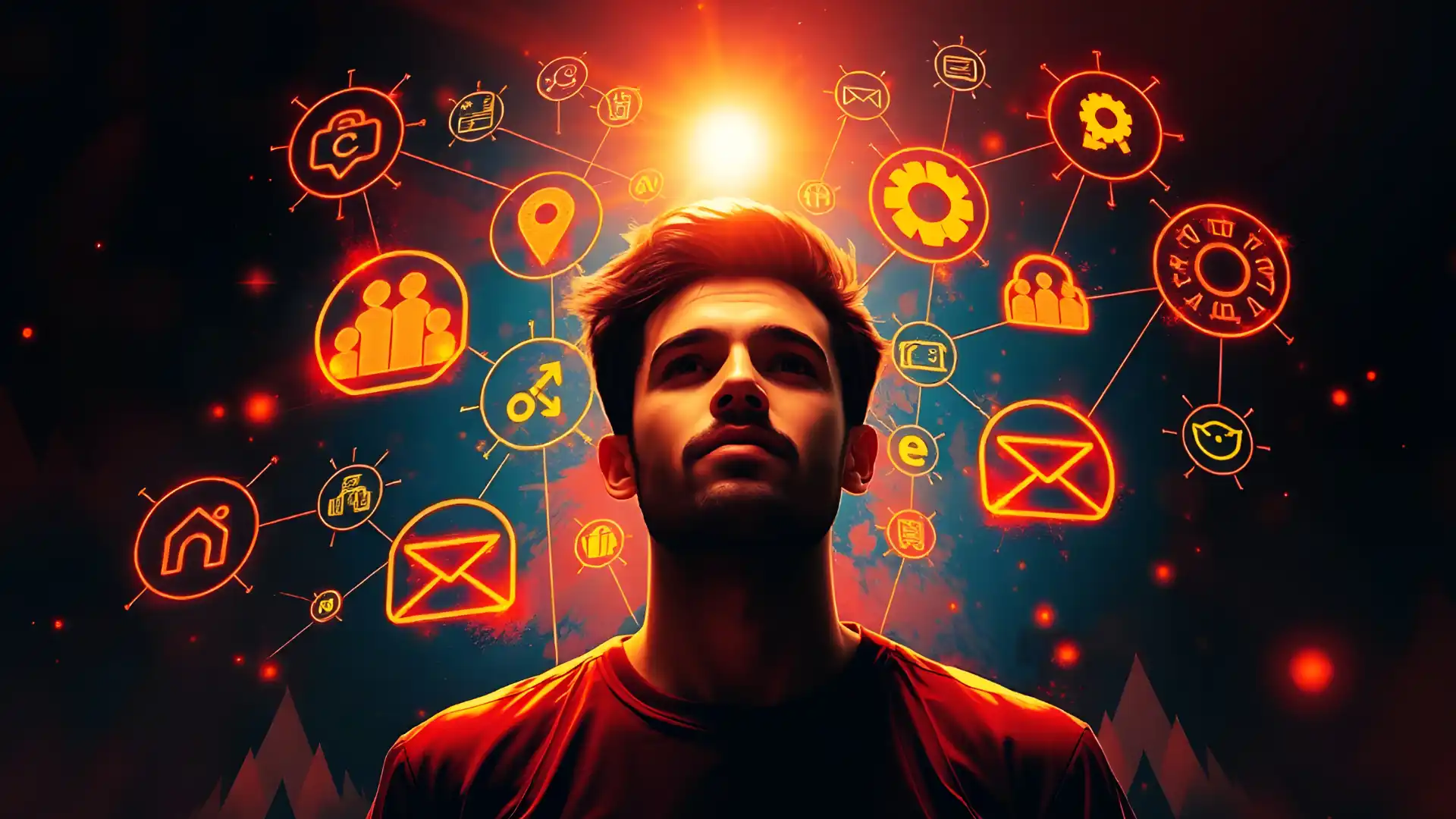 Sistema di Marketing Automation - immagine digitale che rappresenta una persona circondata da icone virtuali luminescenti che rappresentano il digitale