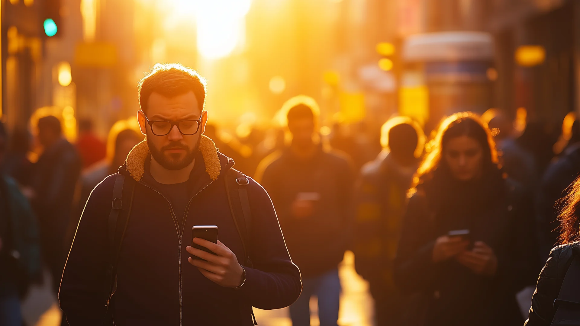Tecnologia Beacon - Folla di persone che passeggiano con il loro cellulare in mano