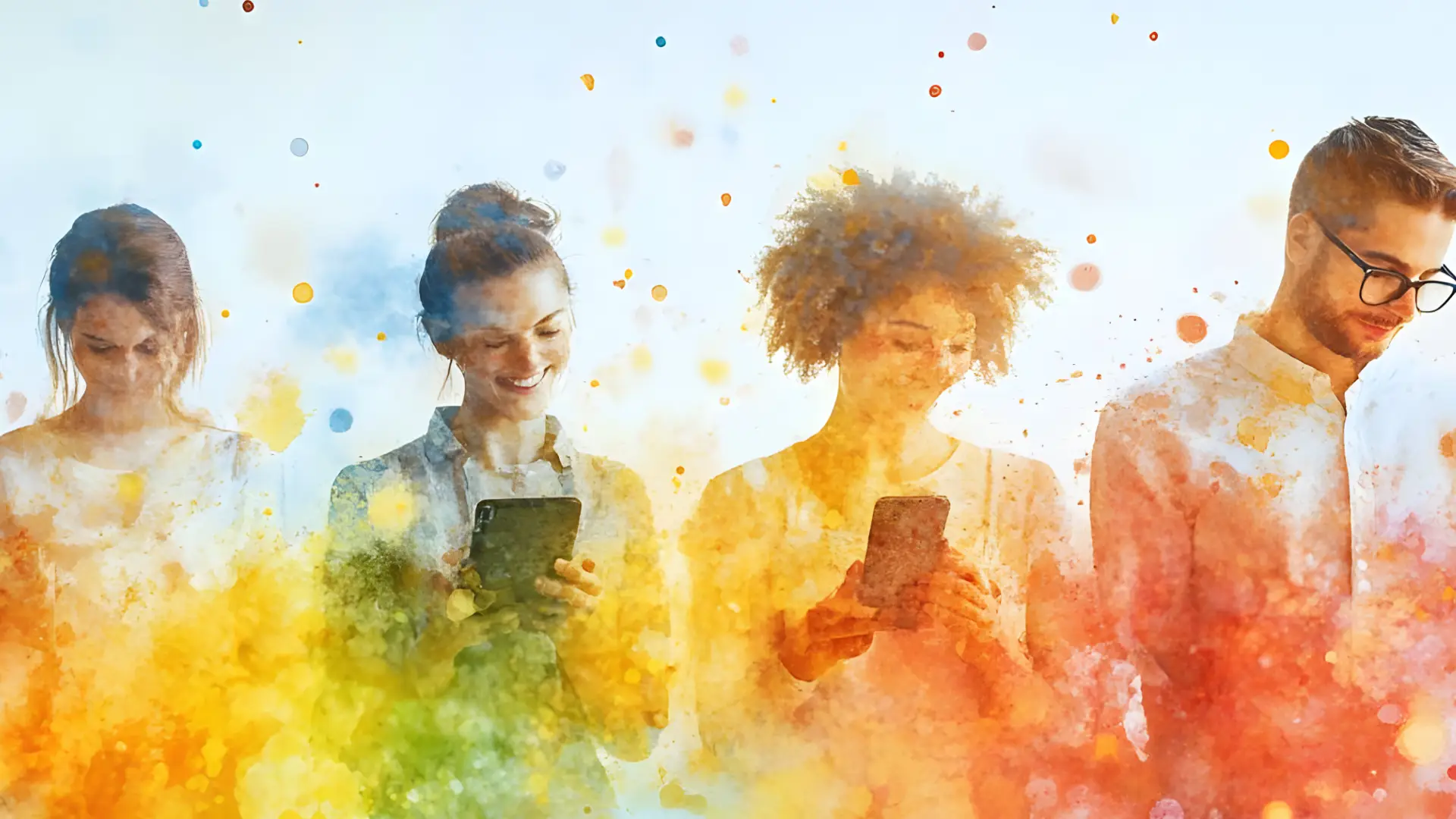 Tecnologia Beacon - immagine a colori pastello con persone che fissano i loro cellulari